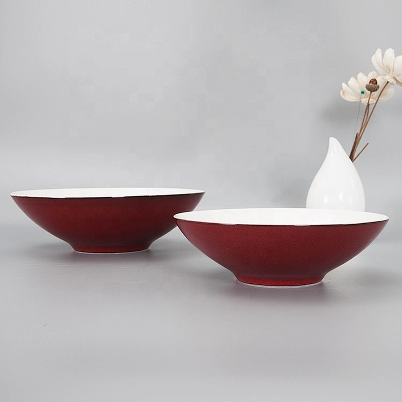 High Quality Cheap Round Red White Deep Soup Ramen Noodle Rice Ceramic Bowls Set