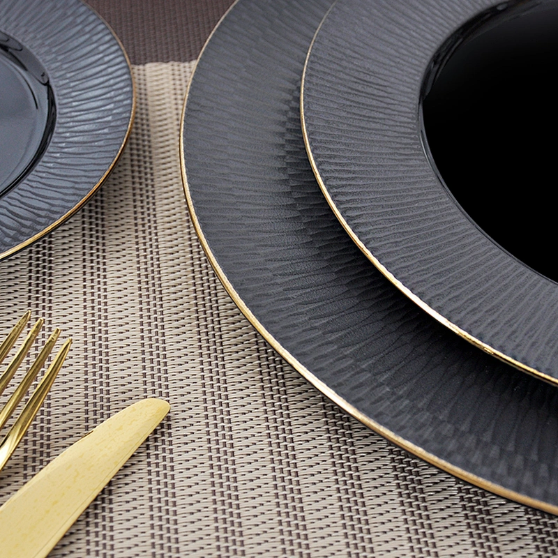 Free Sample Ceramic Porcelain Black Buffet Party Wedding Restaurant Dinner Plate with Gold Rim