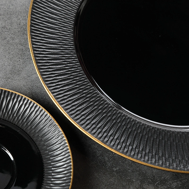20Years Hotel Supplier Glaze Gold Rim Plate,In Stock Handmade Black Pasta Plate For Restaurant