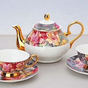 bone china factory hot sale colorful flower with golden rim coffee set tea set color design decal plates