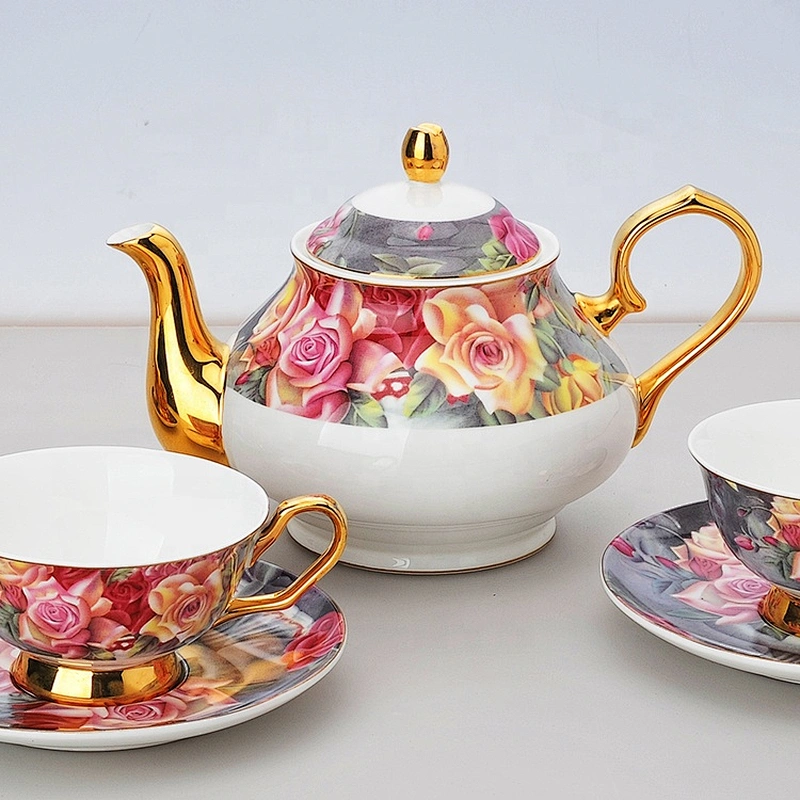 bone china factory hot sale colorful flower with golden rim coffee set tea set color design decal plates