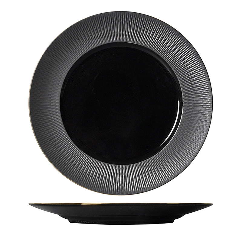 Free Sample Ceramic Porcelain Black Buffet Party Wedding Restaurant Dinner Plate with Gold Rim