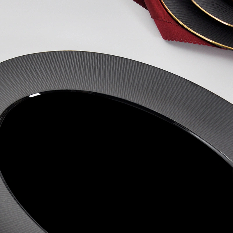 P&T Porcelain Black  Gold Rim Fish Plate Ceramic Serving Plate, Direct Factory Serving Oval Plate For Restaurant