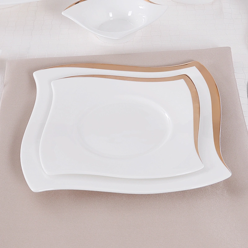 P&T Fantastic Style Wedding Event Bone China Dinner Plate, Dinner Plates Ceramic Set Luxury Gold Edge for Hotel