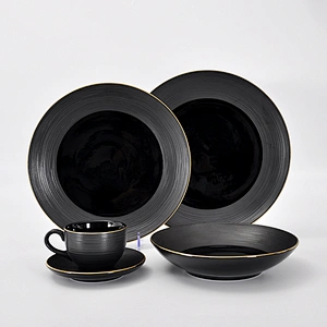 Elegance Collection Black Ceramic Round Bowl Porcelain Rice Bowl Restaurant Hotel Salad Bowl with Gold Rim