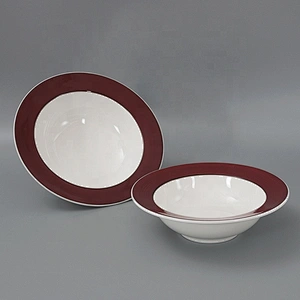 Wholesale Red Edge Round Ceramic Porcelain Restaurant Straw Hat Spaghetti Soup Bowl