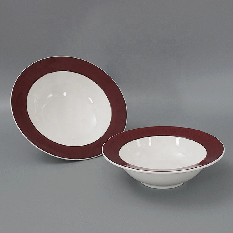 Wholesale Red Edge Round Ceramic Porcelain Restaurant Straw Hat Spaghetti Soup Bowl