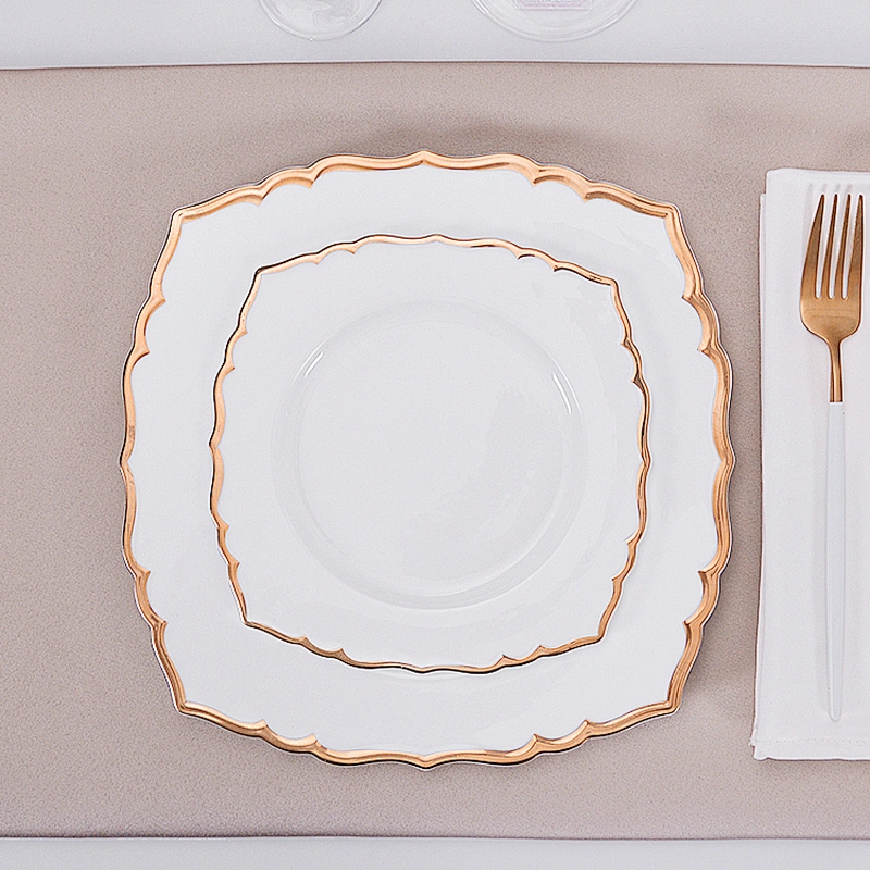 PITO Famous Brand Handmade Restaurant Dinner Plate,Ceramic Bone China Gold Rim Square Dessert Plate