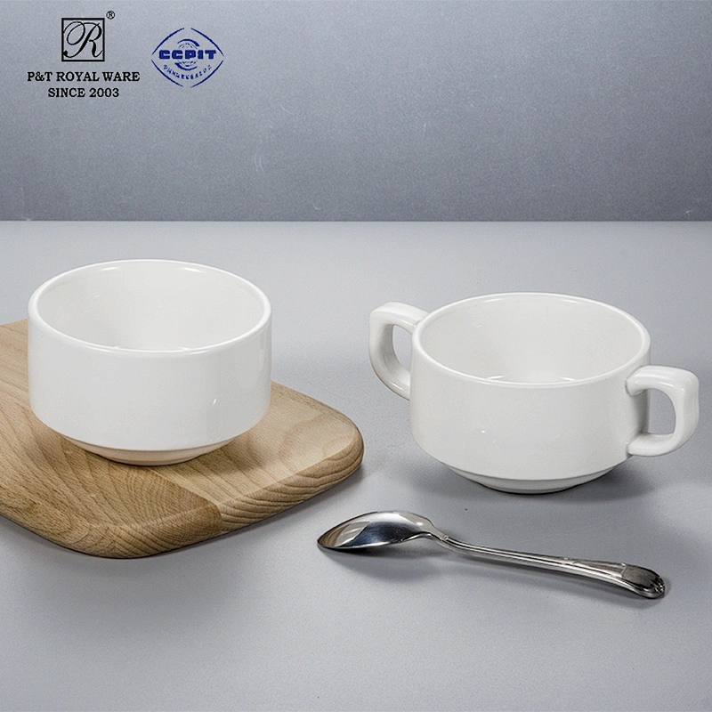 manufacturer cheap hotel restaurant white ceramic soup cup with handles