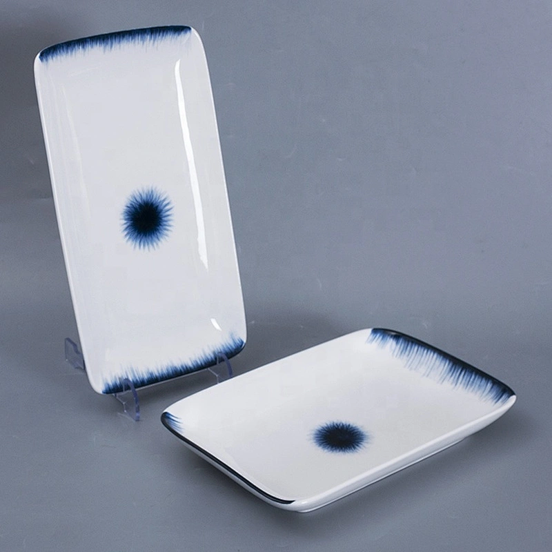 Manufacturer White Blue Japanese Restaurant Porcelain Ceramic Rectangular Plate