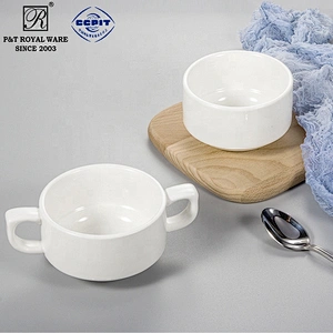 manufacturer cheap hotel restaurant white ceramic soup cup with handles