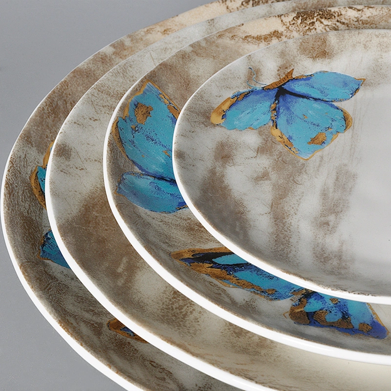 wholesale butterfly pattern white crockery tableware chinese porcelain dish hotel used round ceramic plate for restaurants