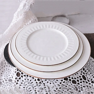 wholesale white round bone china restaurant catering wedding dinner plate with gold trim edge