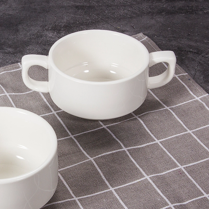 supplier hotel Restaurant Stackable white Double Handle ceramic soup bowl