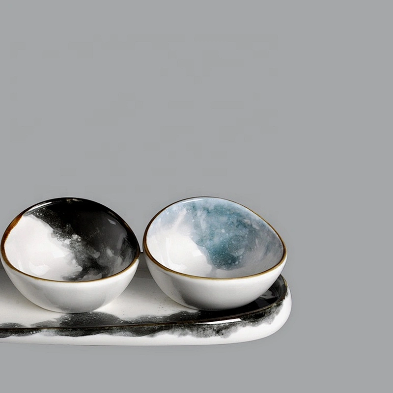 wholesale Porcelain Ceramic abalone shape  Dip Sauce Ramekins Appetizer Tapas bowl with long tray