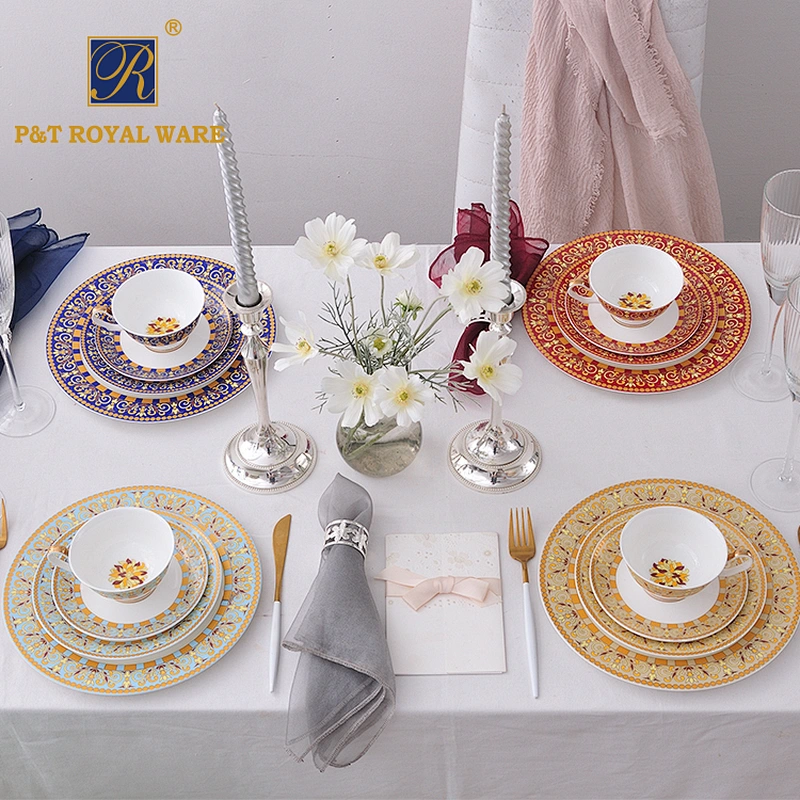 New fashion promotional gold dishes plates dinner set colorful bone china dinnerware sets