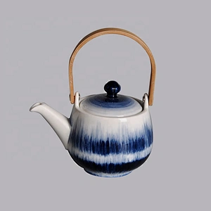 wholesale glazed japanese style blue china ware ceramic porcelain tea pot with wood handle