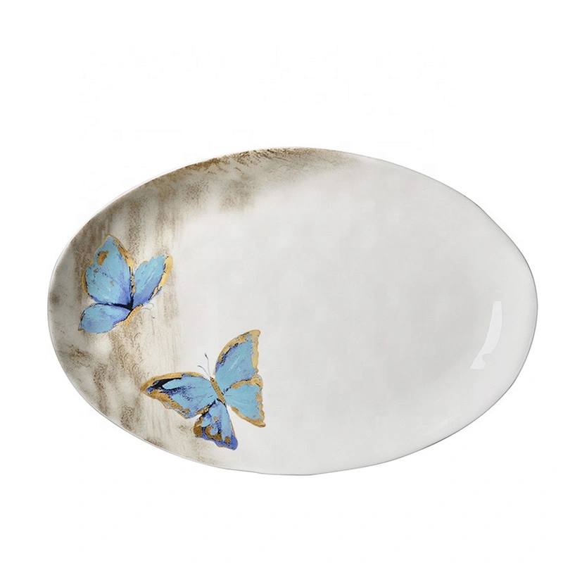 colorful butterfly pattern hotel serving platter restaurant porcelain ceramic oval plate