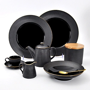 Good Quality Black Round Salad Bowl Gold Rim Ceramic Soup Bowl, Direct Factory Serving Bowl For Restaurant