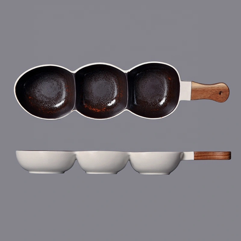 3 compartment ceramic porcelain divided snack tapas serving dish bowl with wood handle