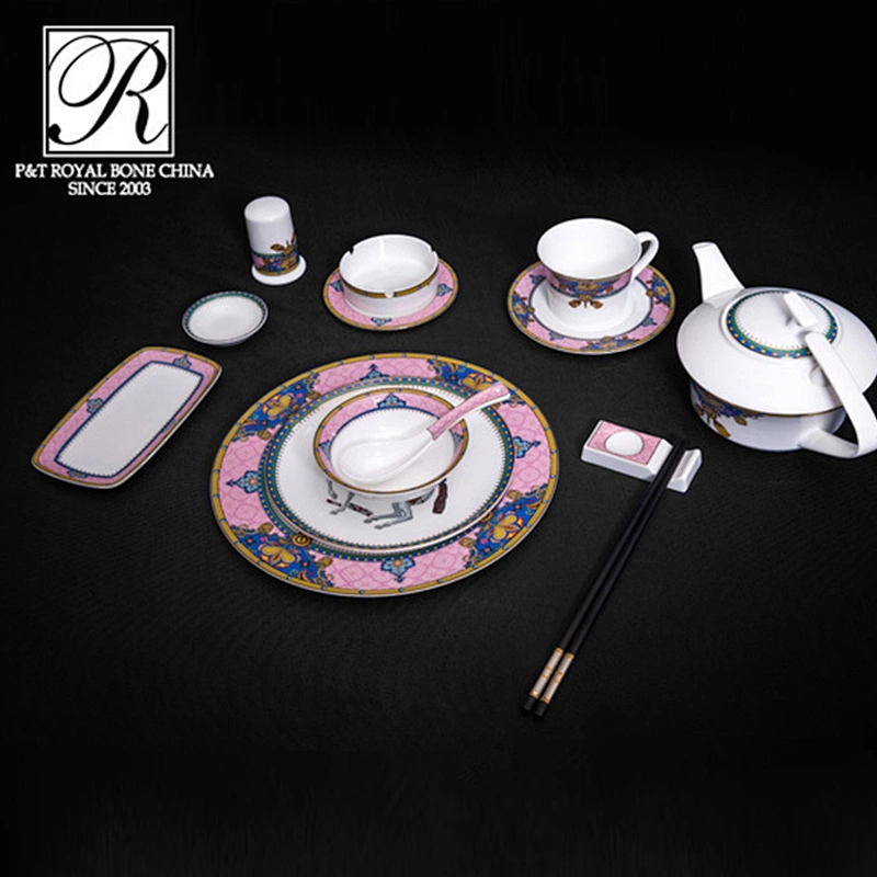 P&T Porcelain factory Horse decal dinnerware Pink style bone china plates