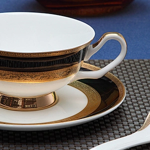 Royal Bone China Teacup And Saucer Embossed Ceramic Coffee Cup Set With 24K Golden Rim