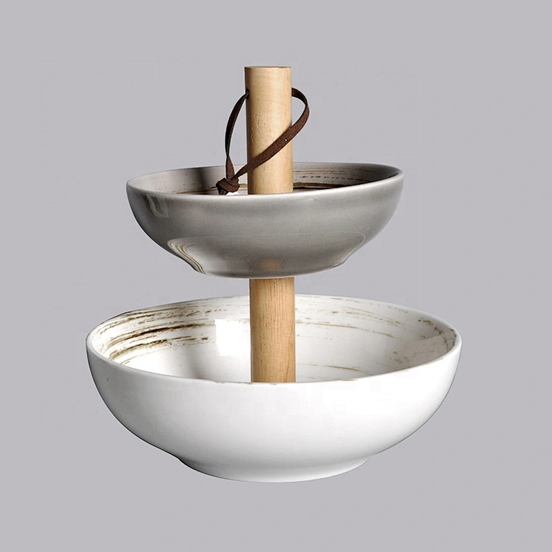 wholesale double layers crockery ceramic porcelain fruit cake dessert bowl tray