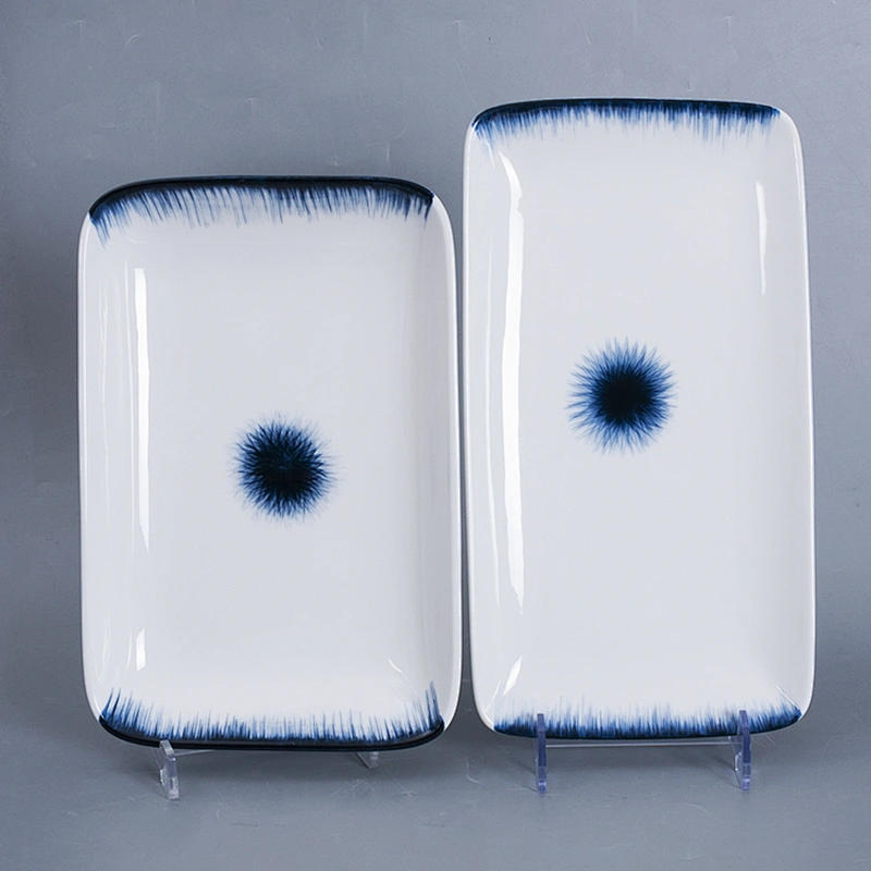 P&T Royal Ware Famous Brand On Glaze Japanese Restaurant Blue Porcelain Ceramic Rectangular Plate
