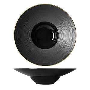 Elegant Matt Black with Gold Rim Restaurant Hotel Deep Soup Plate Ceramic Pasta Plate for Dinnerware