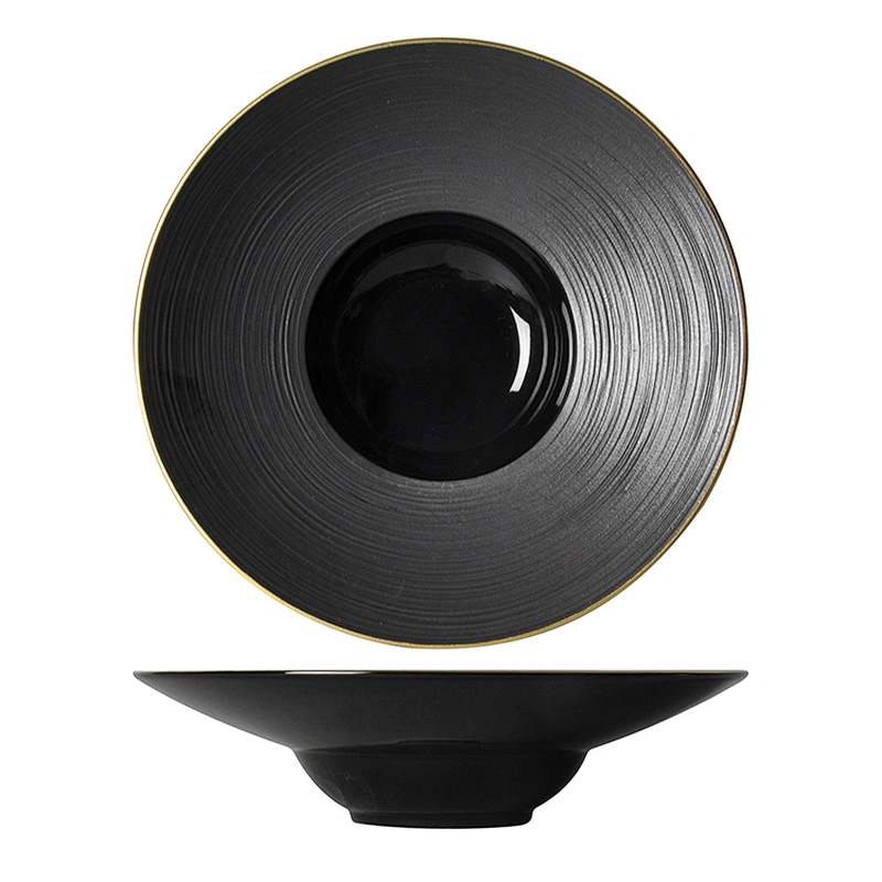Elegant Matt Black with Gold Rim Restaurant Hotel Deep Soup Plate Ceramic Pasta Plate for Dinnerware