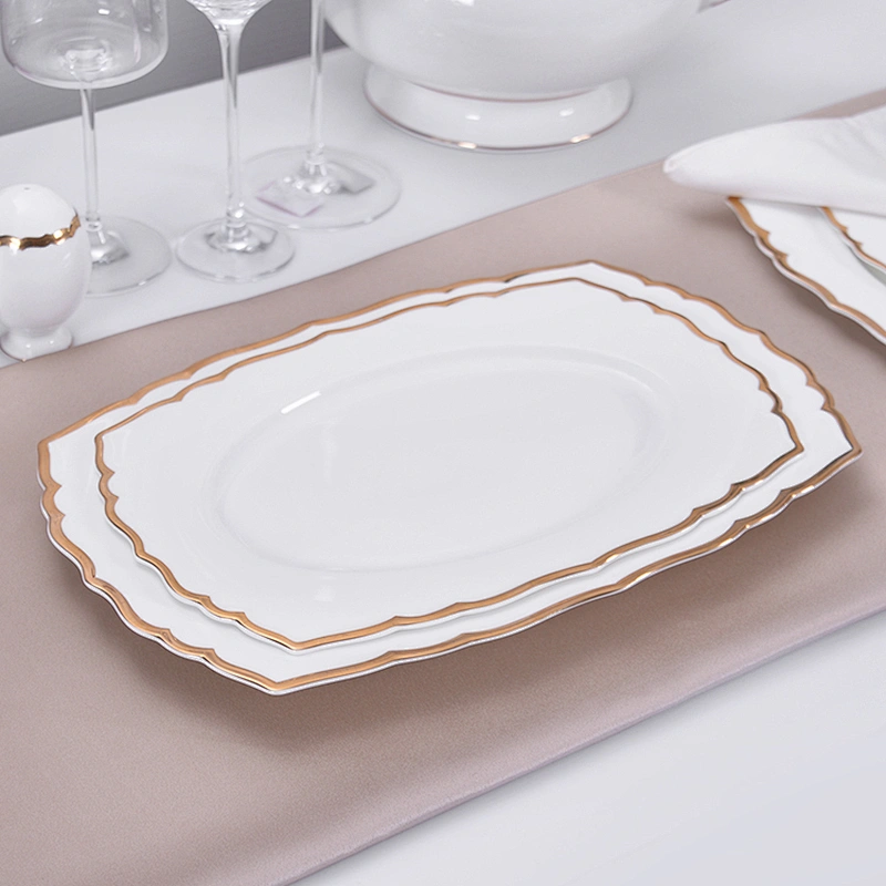 Hotel Luxury Ceramic Tableware Bone China with Gold Rim Fish Plate,Rectangular Plate for Dishes Plates Ceramic Wedding