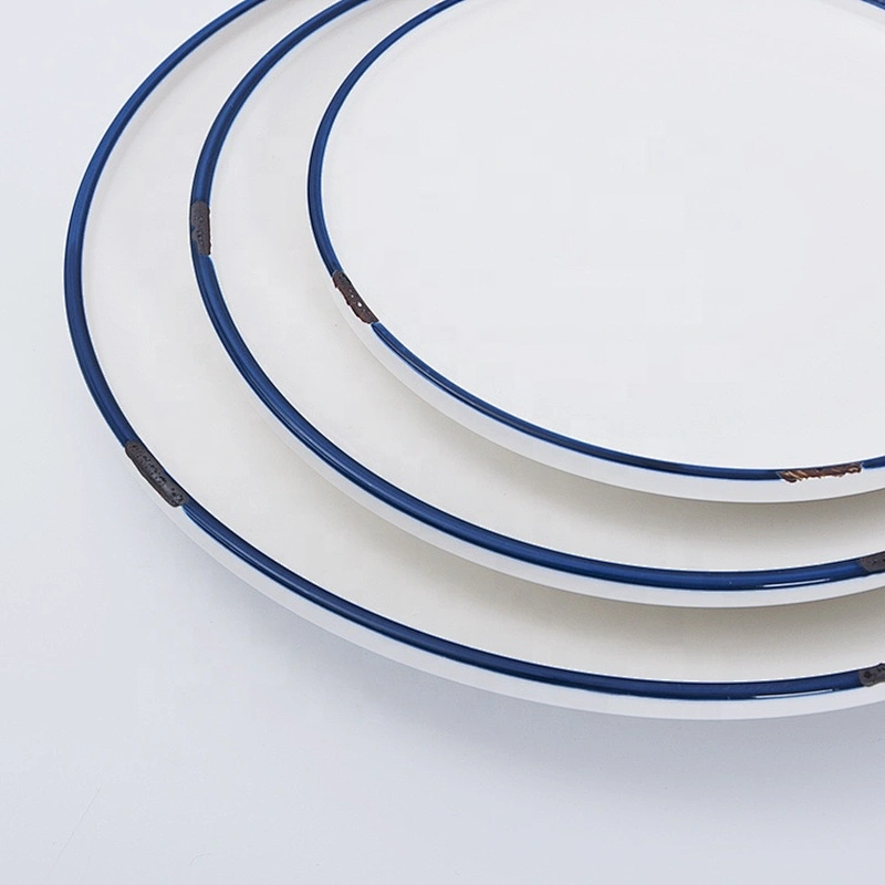 Custom Logo Cheap Unique Design Blue Edge Round Flat Restaurant Ceramic Plates Dishes