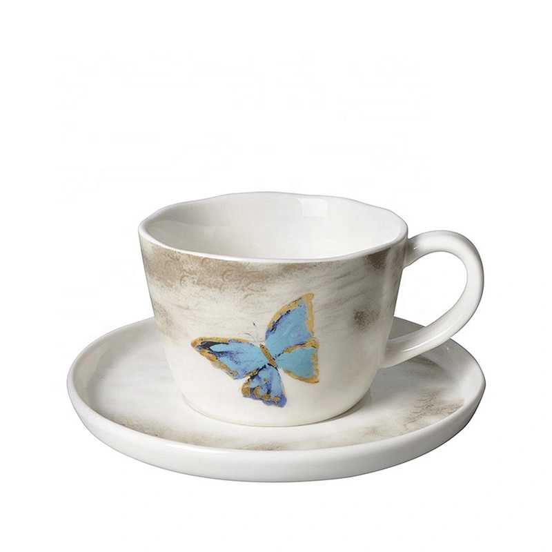 freeform white hotel catering restaurant butterfly pattern espresso coffee tea cup with saucer