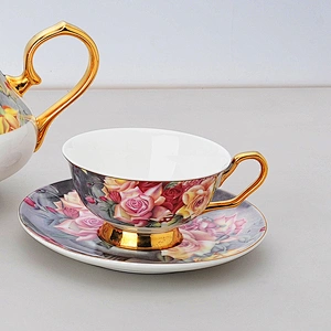 bone china factory hot sale colorful flower with golden rim coffee set tea set color design decal plates