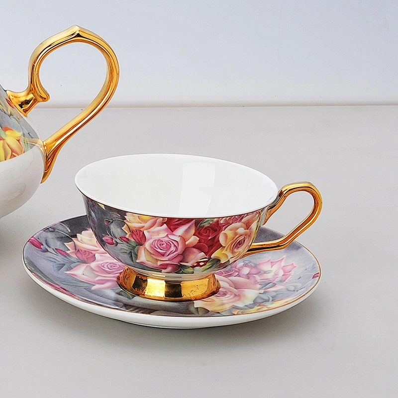 bone china factory hot sale colorful flower with golden rim coffee set tea set color design decal plates