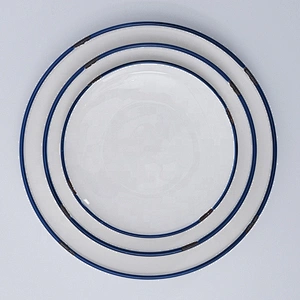 Custom Logo Cheap Unique Design Blue Edge Round Flat Restaurant Ceramic Plates Dishes
