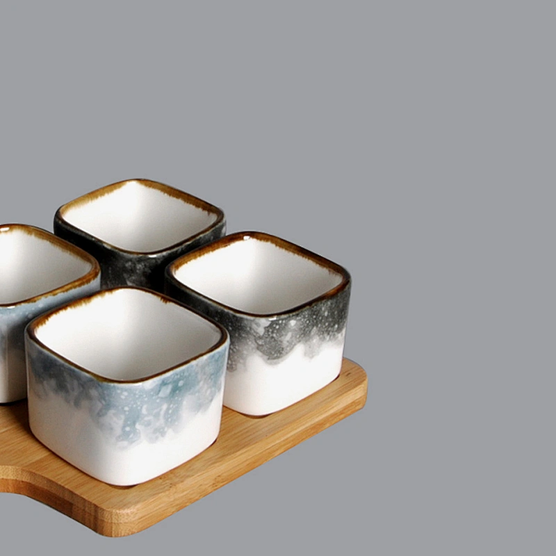 Snack Compartment Condiment Serving Set Ceramic square Dip Sauce Ramekins Appetizer Tapas saucer with Bamboo Handle Tray
