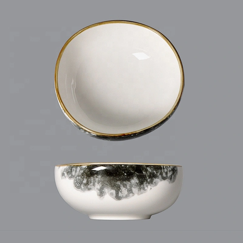 Wholesale high quality hotel/restaurant glazed yellow gold rim ceramic porcelain bowl