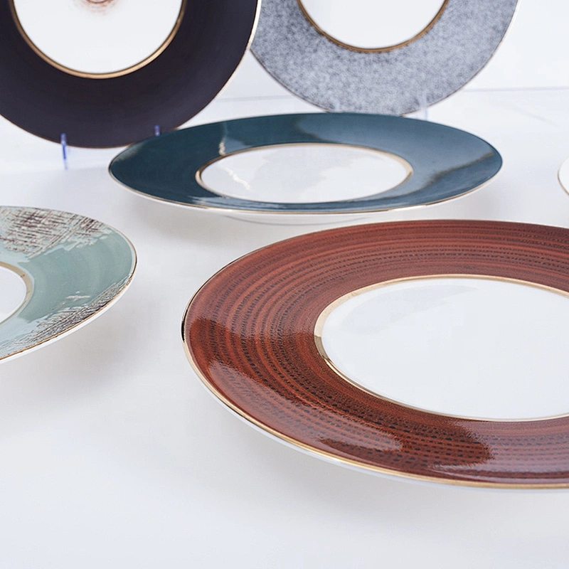 wholesale hotel restaurant colorful round gold rim ceramic porcelain wedding charger plates
