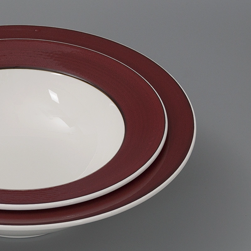 Wholesale Red Edge Round Ceramic Porcelain Restaurant Straw Hat Spaghetti Soup Bowl