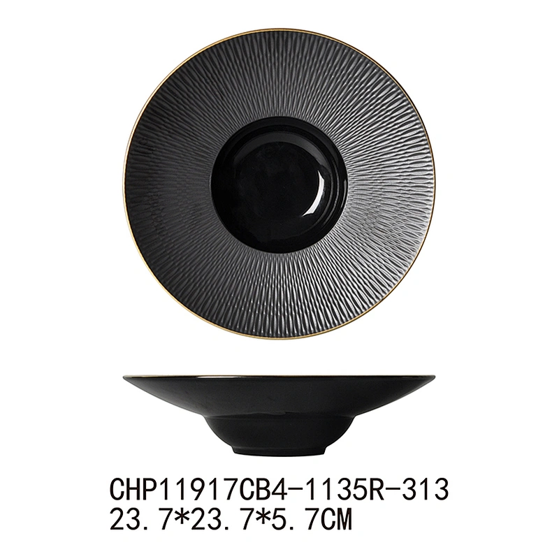 P&T Porcelain Black Round Salad Plate Gold Rim Ceramic Soup Plate, Direct Factory Deep Plate For Restaurant