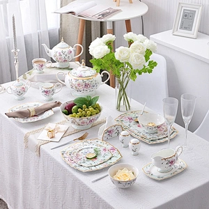 Customized restaurant floral pattern with gold rim bone china dinner plate decal luxury hotel ceramic tableware
