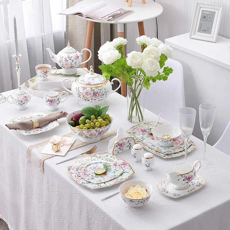 Customized restaurant floral pattern with gold rim bone china dinner plate decal luxury hotel ceramic tableware