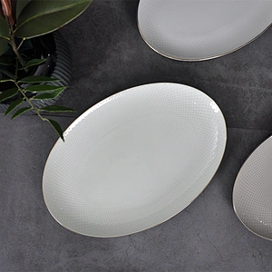 High Quality Hotel Serving Plate Oval Shape Plates Bone China Color Glazed Restaurant Plates Gold Rim Grey Plates For Horeca
