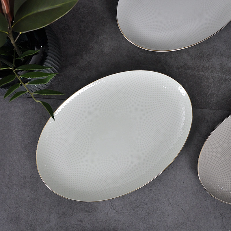 High Quality Hotel Serving Plate Oval Shape Plates Bone China Color Glazed Restaurant Plates Gold Rim Grey Plates For Horeca