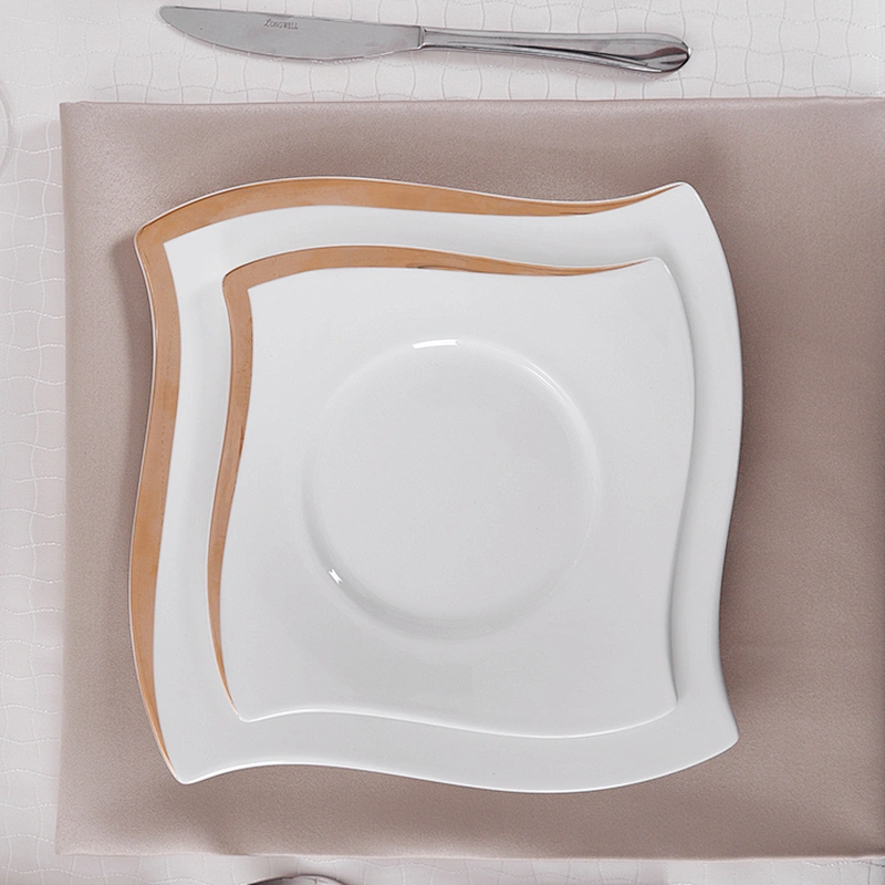 P&T Fantastic Style Wedding Event Bone China Dinner Plate, Dinner Plates Ceramic Set Luxury Gold Edge for Hotel
