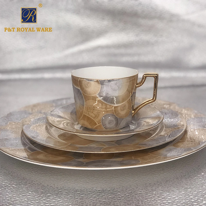 P&T Royal Ware 4 PCS Bone China Tableware Set Marble Design Plate Coffee Cup and Saucer