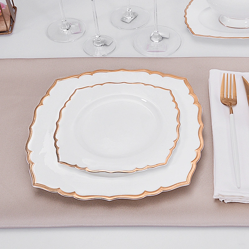 PITO Famous Brand Handmade Restaurant Dinner Plate,Ceramic Bone China Gold Rim Square Dessert Plate