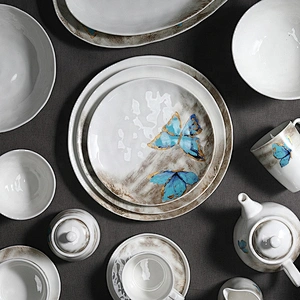 wholesale butterfly pattern white crockery tableware chinese porcelain dish hotel used round ceramic plate for restaurants