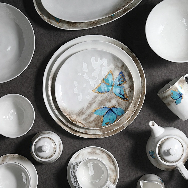 wholesale butterfly pattern white crockery tableware chinese porcelain dish hotel used round ceramic plate for restaurants
